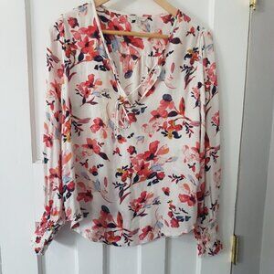 Lucky Brand Floral Boho Peasant Long Sleeve Pullover V Neck Blouse Top Sz S